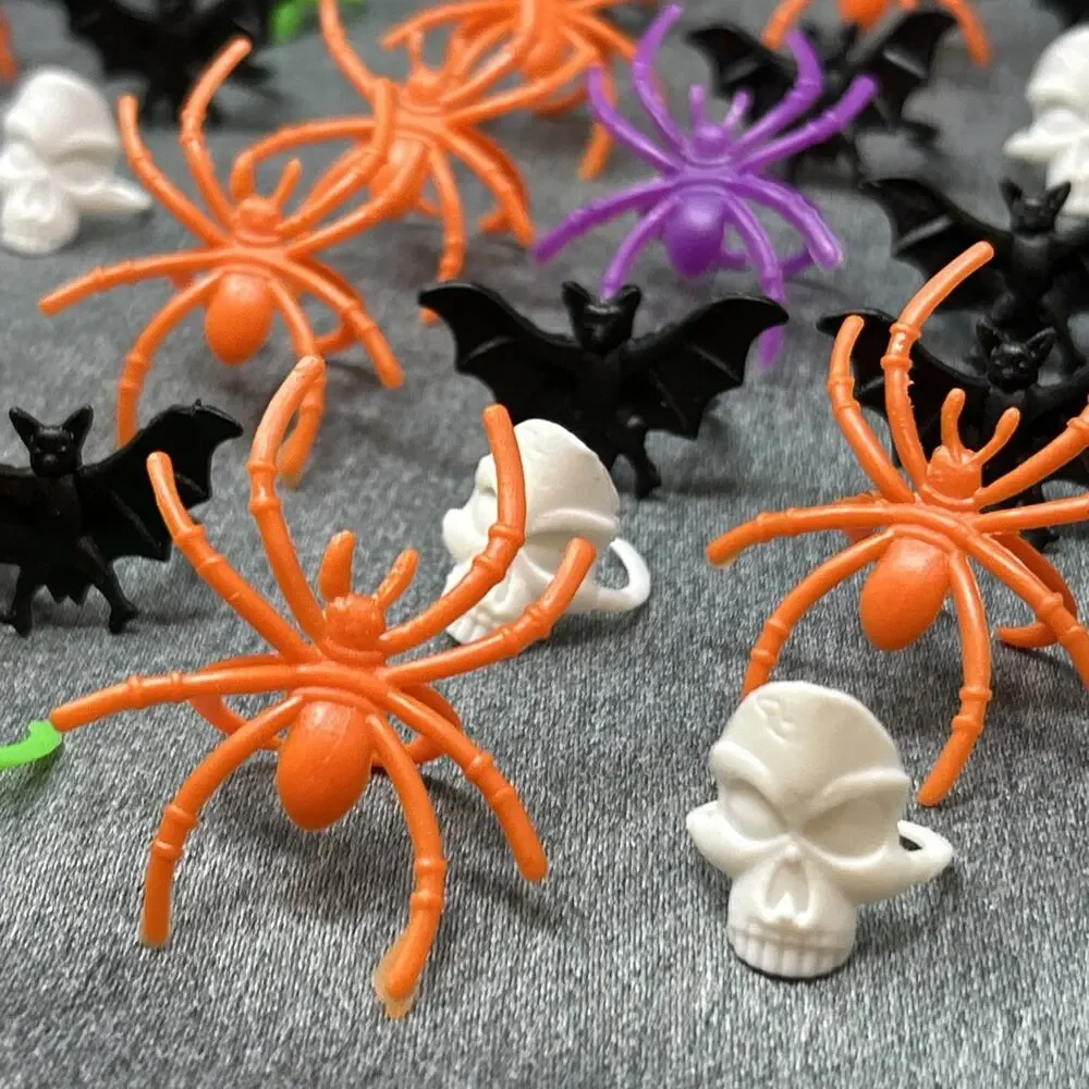 50+ Assorted Halloween Rings Spiders Bats Skulls Zombies Kids Bulk Party Favors